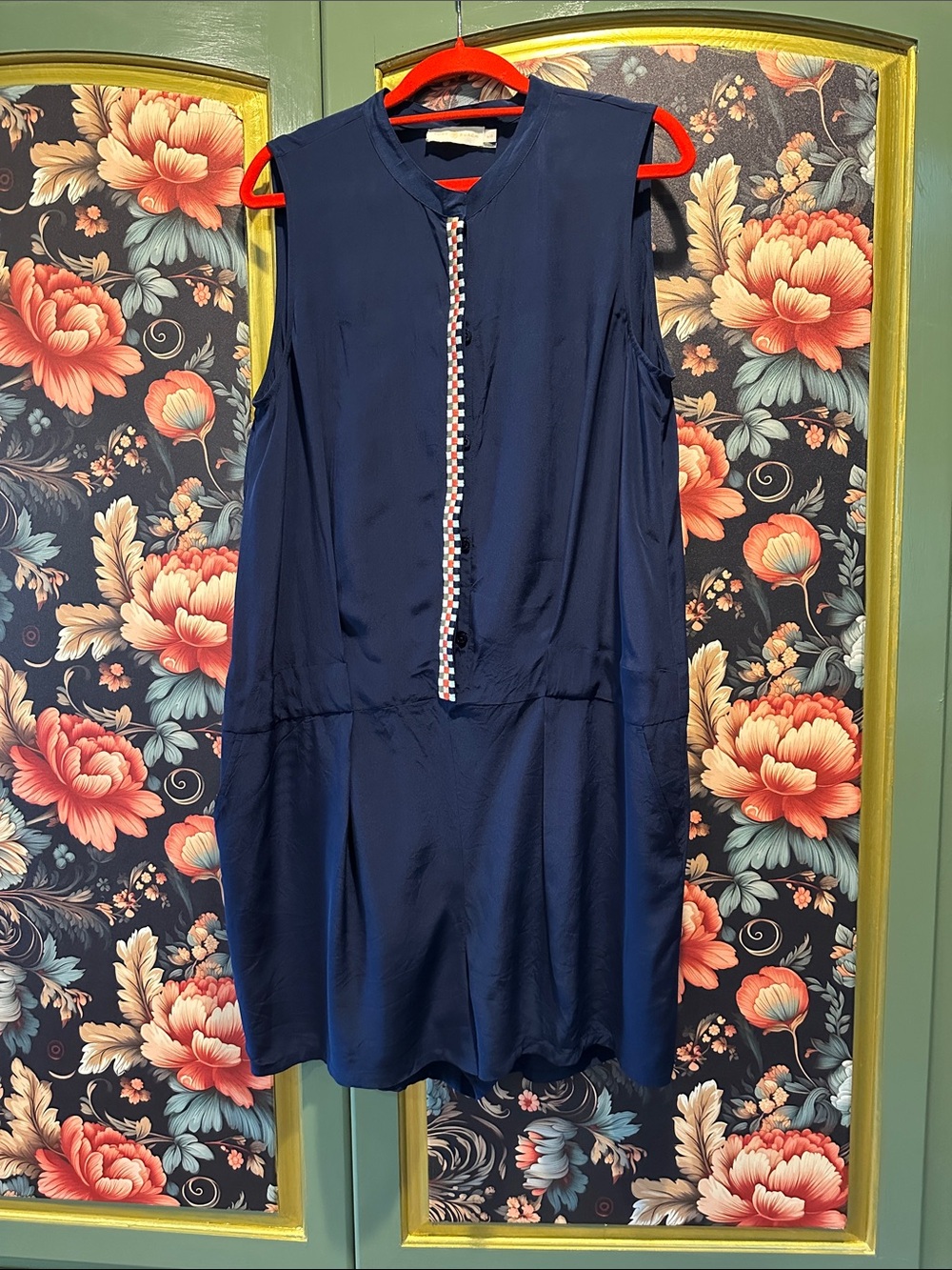 Tory Burch Navy Sleeveless Jumpsuit with Chevron Trim